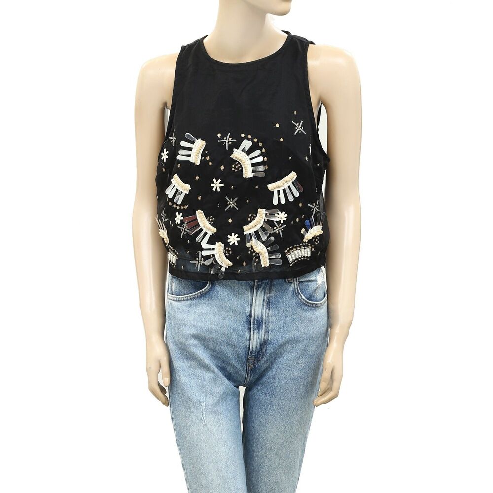 Uterque Organza Sequin Embellished Lace Tank Blouse Top Sleeveless M-28 252746